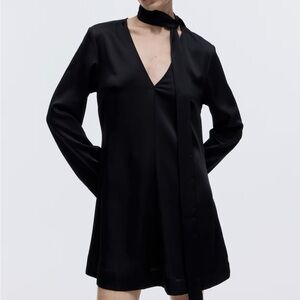 H&M Black V-Neck Long Sleeve Mini Dress with Neck Tie